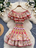 Colorful Print Ruffles Off-Shoulder Two-Piece Set