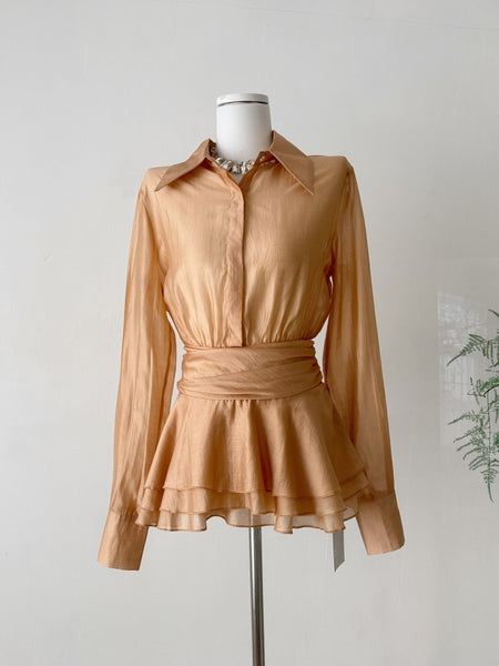 Belted Peplum Elegant Office Style Champagne Silk Shirt