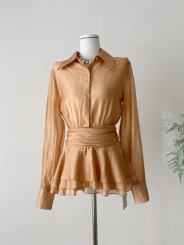 Belted Peplum Elegant Office Style Champagne Silk Shirt