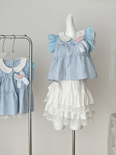 Blue and White Ruffled Crop Top and Skirt Set