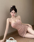 Adorable Strapless Pink Ruched Mini Dress with Bow Detail