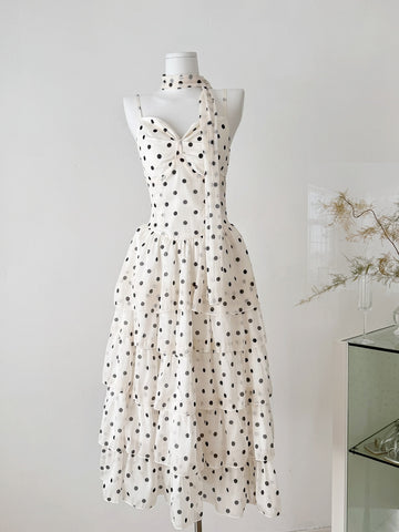 Classic White Polka Dot Halter Tiered Dress