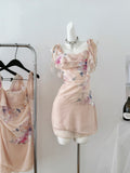 Ruffled Straps Sheer Floral Print Dress