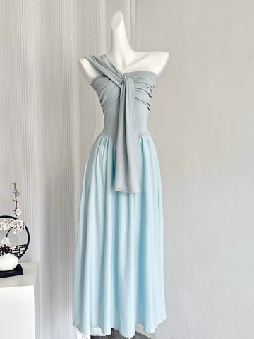 Draped Bodice Light Blue Maxi Causal Dress