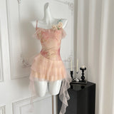 Tulle Layers Pink Tie Dye Strappy Mini Dress
