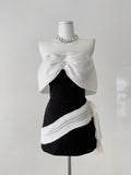 White Ruffled Overlay Strapless Black Mini Dress