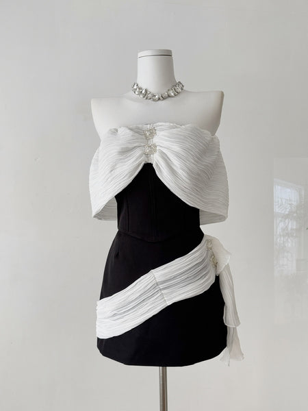 White Ruffled Overlay Strapless Black Mini Dress