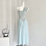 Draped Bodice Light Blue Maxi Causal Dress