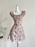 Charming Pink Floral Square Neck Puff Sleeve Mini Dress