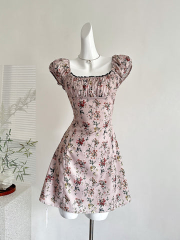 Charming Pink Floral Square Neck Puff - Sleeve Mini Dress