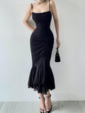 Black Spaghetti Strap Asymmetrical Ruffle Dress
