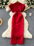 Pearl Embellishments High Neck Red Ruffled Sleeve Dress