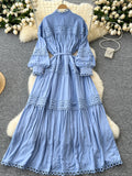 Tie Wais Button Blue Lace Maxi Dress