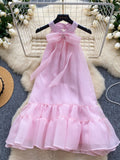 Ruffled Hem Pink Bow Tie Mini Dress