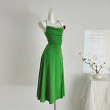 Elegant Green Ruched Bodice Halter Maxi Dress