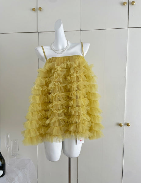Spaghetti Straps Yellow Tulle Ruffle Dress