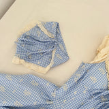 Blue Gingham Dress with Hood & Lace Accents