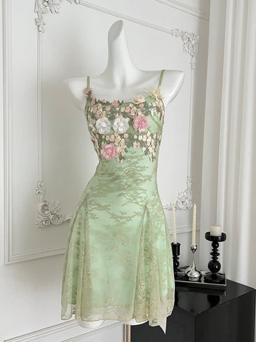 Enchanting Green Floral Embroidered Mini Dress