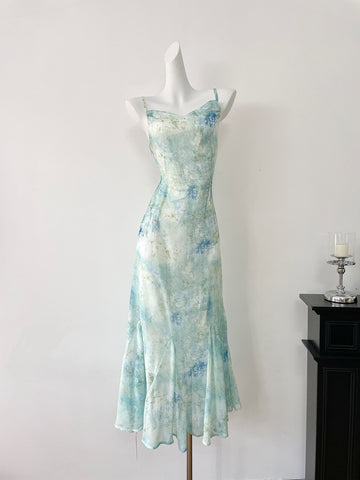 Watercolor-Inspired Green Chiffon Summer Dress