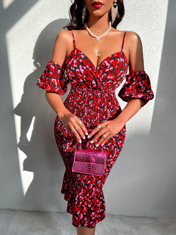 Red and Pink Heart Print Midi Dress