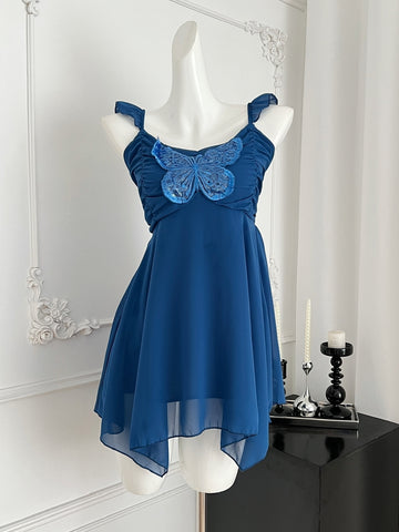 Exquisite Butterfly Lace Blue Strappy Mini Dress