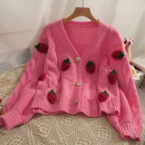 Embroidered Strawberry Crochet Long-sleeved Knitted Cardigan