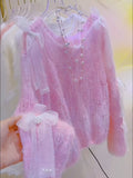 Tulle Bows Pearl Embellishments Pink Sweater