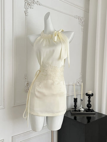Lace Yellow Satin Halter Mini Dress