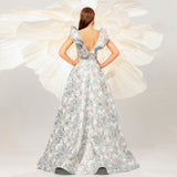 Ruffle Floral Jacquard Print Prom Dress