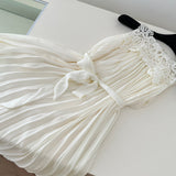 Lace Neckline & Belt White Pleated Dress
