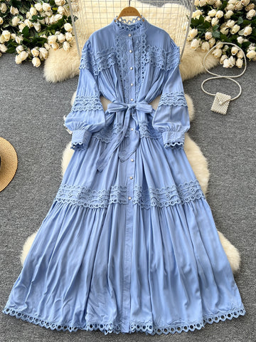 Tie Wais Button Blue Lace Maxi Dress