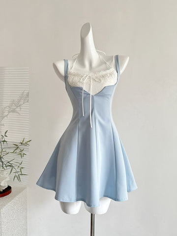 Lace Trimmed Spaghetti Straps Light Blue Babydoll Dress