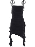 Black Slinky Ruffle Detail Midi Dress
