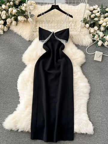 Black Midnight Glamour Satin Beading Dress