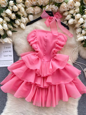 Accolade-Winning Pink Ruffle Party Dress with Satin Bows