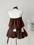 Halter Brown Romper Puff Belt Shorts