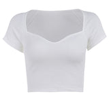 White Sweetheart Neck Ribbed Knit Tee