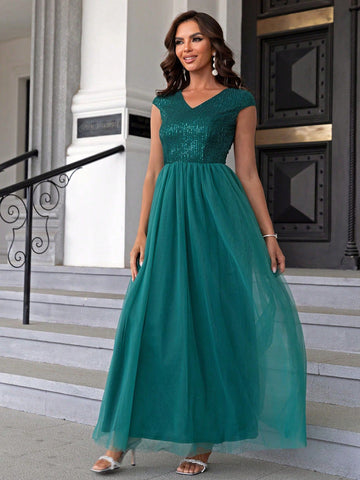 Green Sequin Mesh Overlay Party Dress