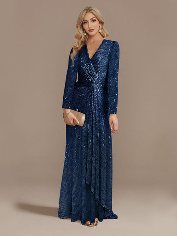 Navy V Neck Long Sleeve Waist Guest Prom Dress