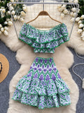 Colorful Print Ruffles Off-Shoulder Two-Piece Set