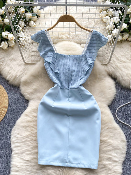 Delicate Crochet Lace  Light Blue Fitted Dress