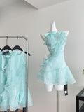Layered Ruffles Asymmetric Light Blue Dress