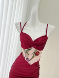 Floral Midsection Exquisite Burgundy Midi Dress