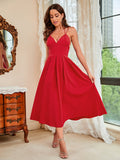 V Neck Red Midi Party Dress