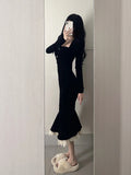 Pearl Button Lace Hem Black Midi Dress