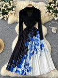 Black Wrap Top Blue Floral Pleated Skirt Ensemble
