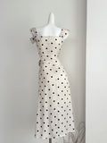 Asymmetric Ruffled Cream Polka Dot Midi Dress