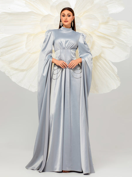 Luxurious Satin  Draped Sleeves Full-Length Party Dress