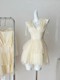 Cream Polka Dot V Neck Tiered Mini Dress