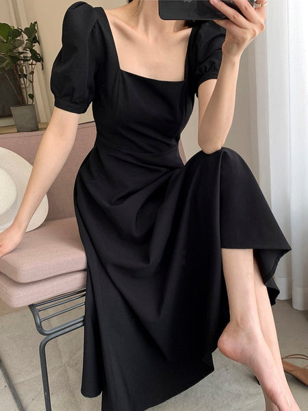 Square Neck Tea Length Black Dress